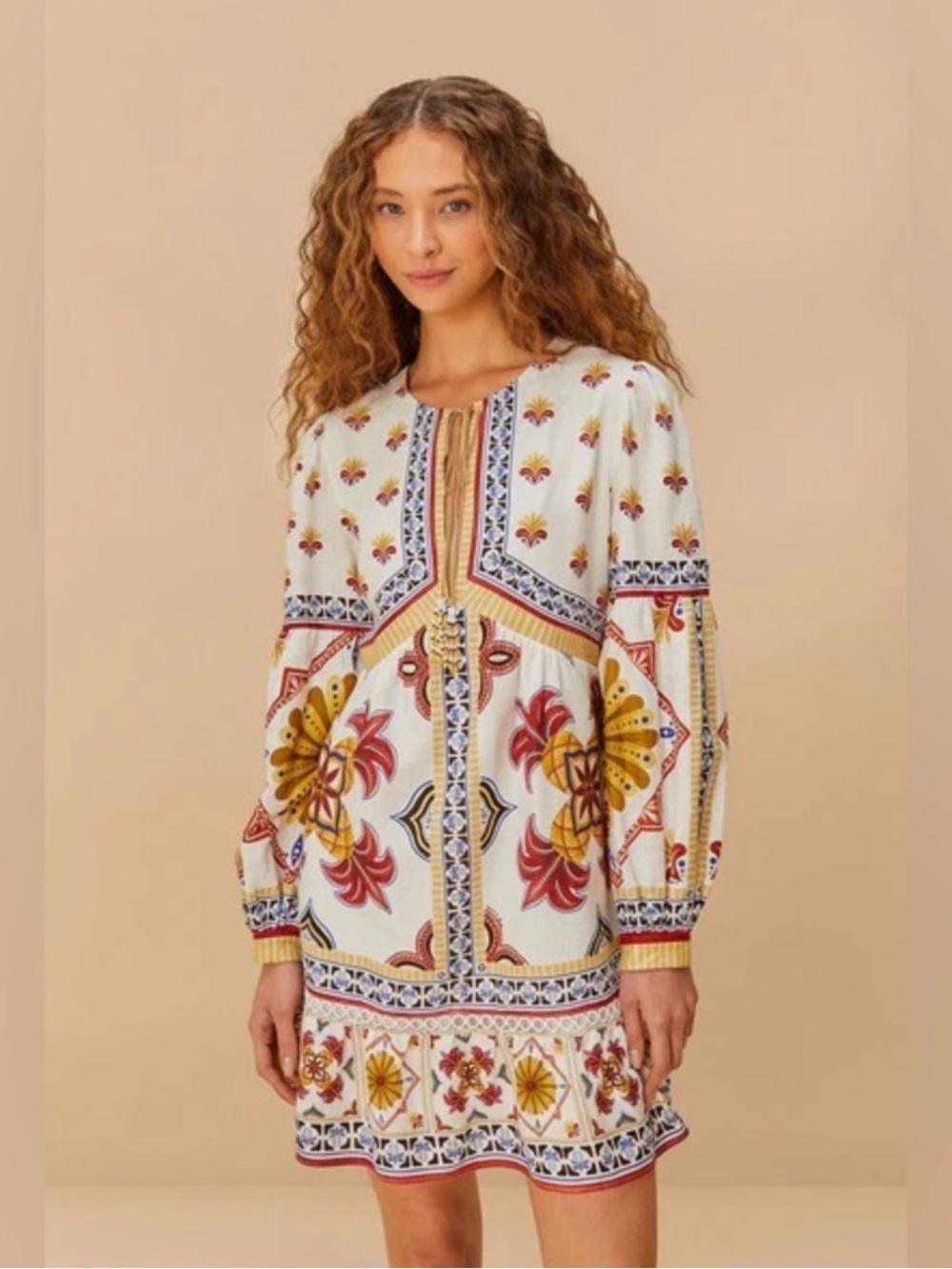 FARM Rio White Printed Peasant Dress with Red, Yellow and Blue Motifs